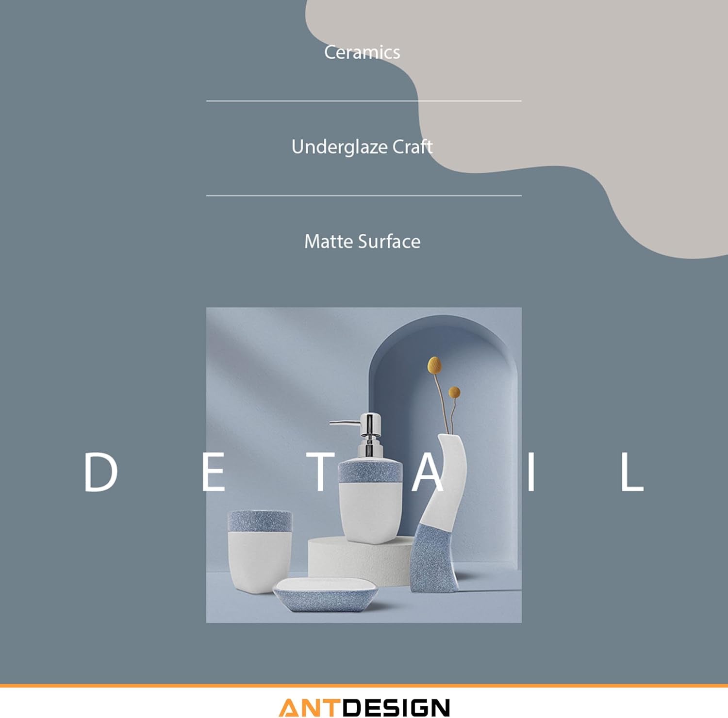 Ceramic Bathroom Accessory Set 5 Pcs, Including Hand Pump Soap Dispenser, Soap Dish, Toothbrush Holder and Vase,For Modern Bathroom Décor