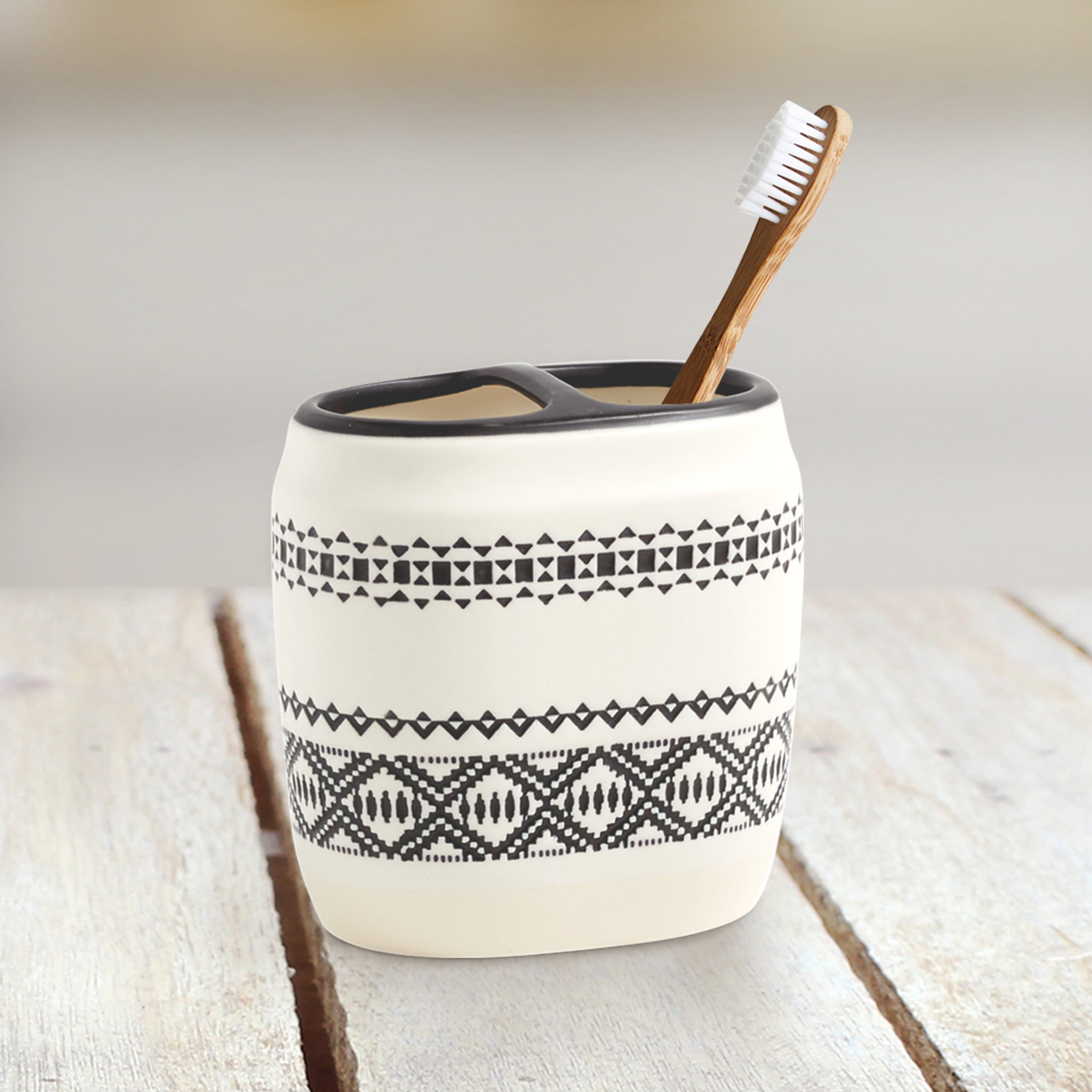 Boho Chic Ceramic Bathroom Toothbrush Holder, White, Black, 1 Each, Adult