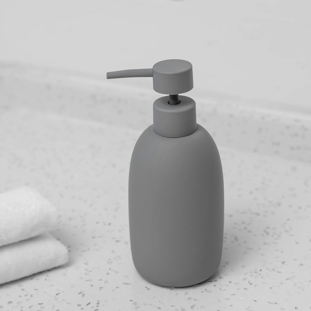 Ceramic Stoneware Bath Accessories 3-Piece Set, Grey – Soap Pump Dispenser, Tumbler, and Accessory Tray