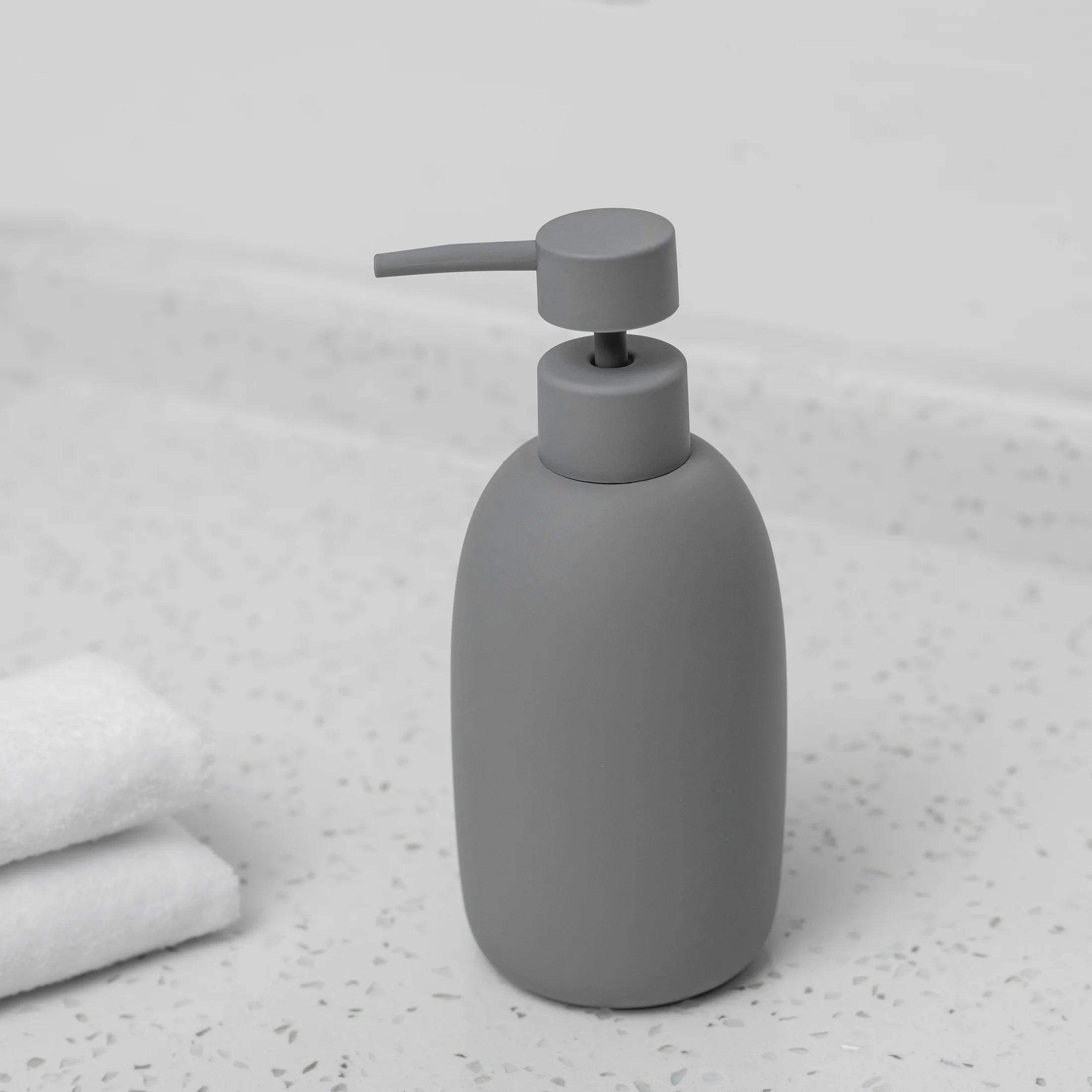 Ceramic Stoneware Bath Accessories 3-Piece Set, Grey – Soap Pump Dispenser, Tumbler, and Accessory Tray
