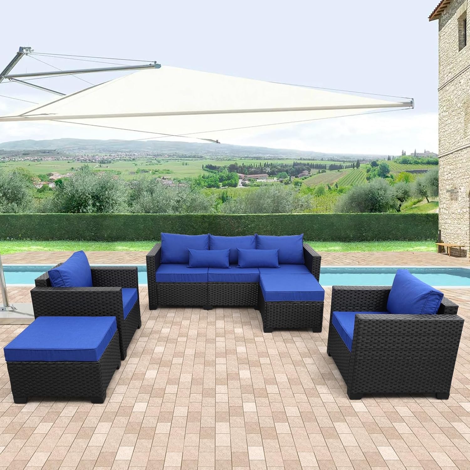 Outdoor Wicker Furniture Couch Set 5 Pieces Patio Furniture Sectional Sofa with Royal Blue Cushions and Waterproof Covers