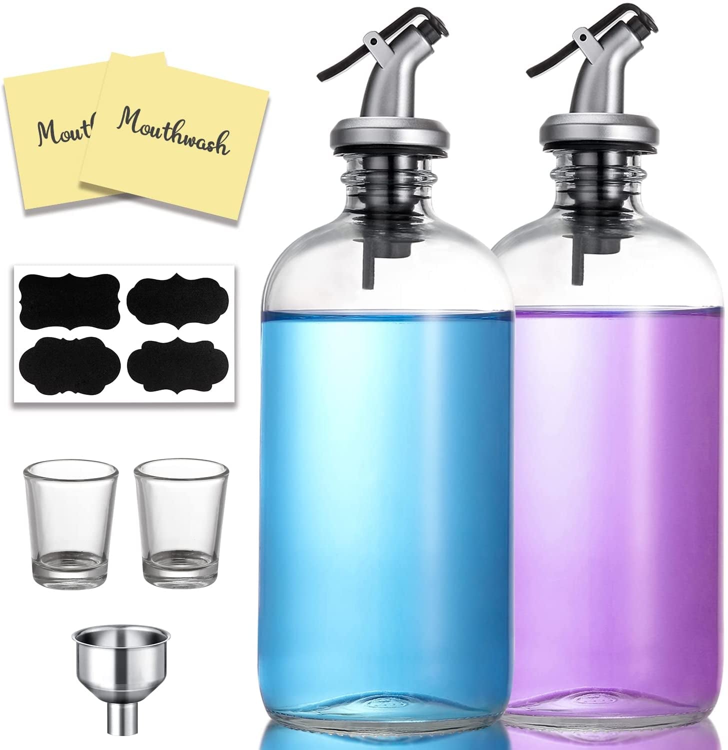 16-Ounce Glass Mouthwash Dispenser - Clear Glass Bottle with Pour Spout, Shot Gl