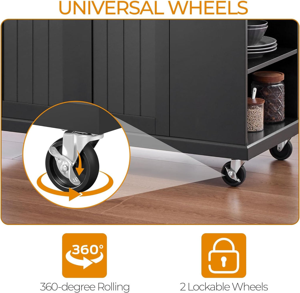 Rolling Kitchen Island Cart with Drop Leaf, Portable Rubberwood Breakfast Bar with Storage Cabinet, Open Shelves & Detachable Towel, 2 Drawers, Black