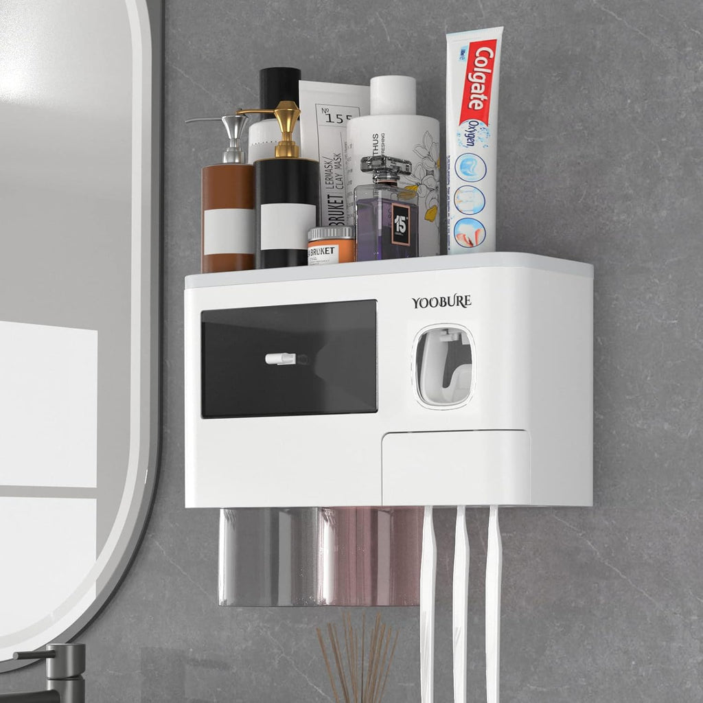 Toothbrush Holders Wall Mounted,  Automatic Toothpaste Dispenser Set for Bathrooms, Multifunctional Bathroom Organizer Holder with Cosmetic Drawer, 2 Magnetic Cups and 6 Toothbrush Slots