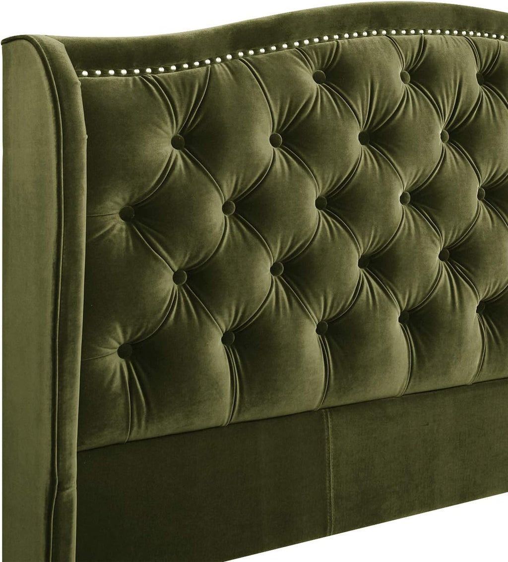 Jennifer Taylor Home Marcella Upholstered Shelter Headboard Bed Set, Queen, Olive Green Performance Velvet