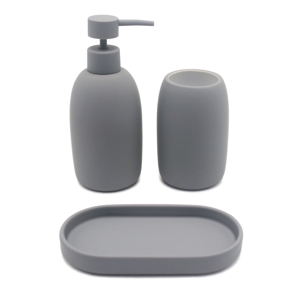 Ceramic Stoneware Bath Accessories 3-Piece Set, Grey – Soap Pump Dispenser, Tumbler, and Accessory Tray