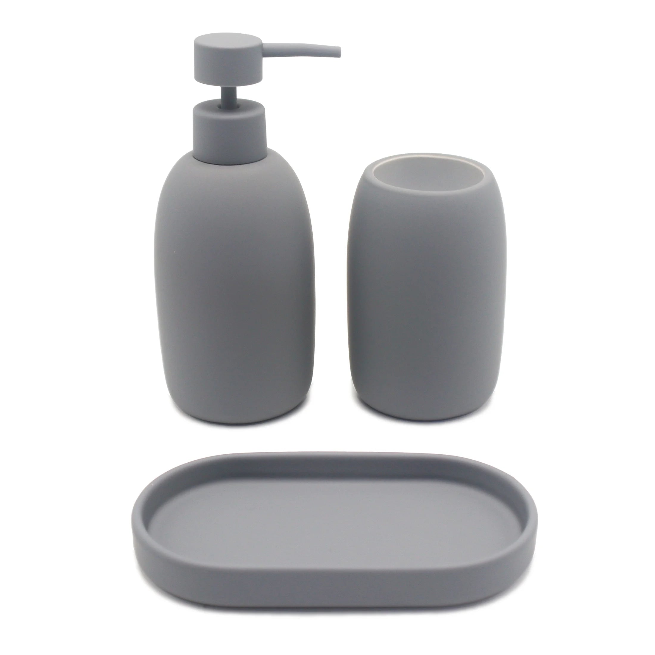 Ceramic Stoneware Bath Accessories 3-Piece Set, Grey – Soap Pump Dispenser, Tumbler, and Accessory Tray
