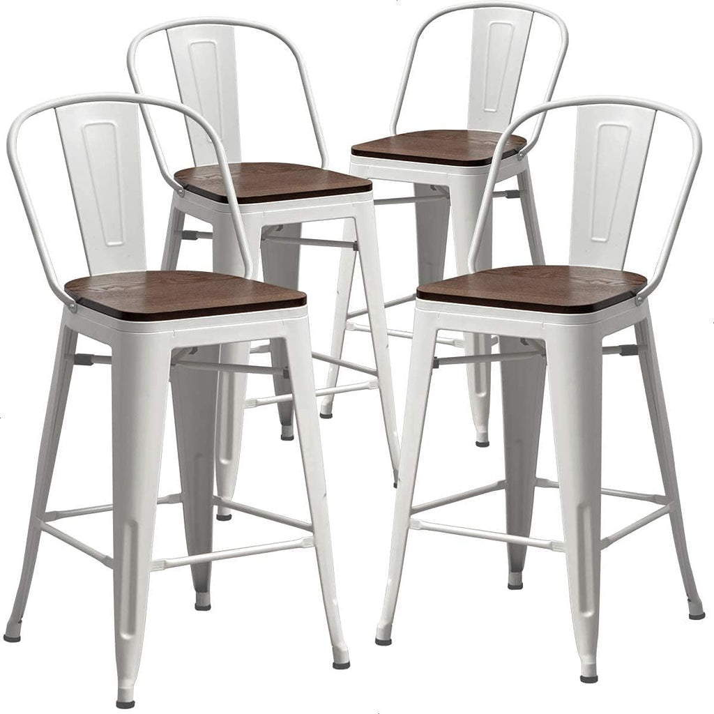Metal Bar Stools Set of 4,24 Inch Barstools Counter Height Bar Stool with Back Farmhouse Bar Stools with Larger Seat High Back Kitchen Dining Chairs Modern Bar Chairs White Cream Stool