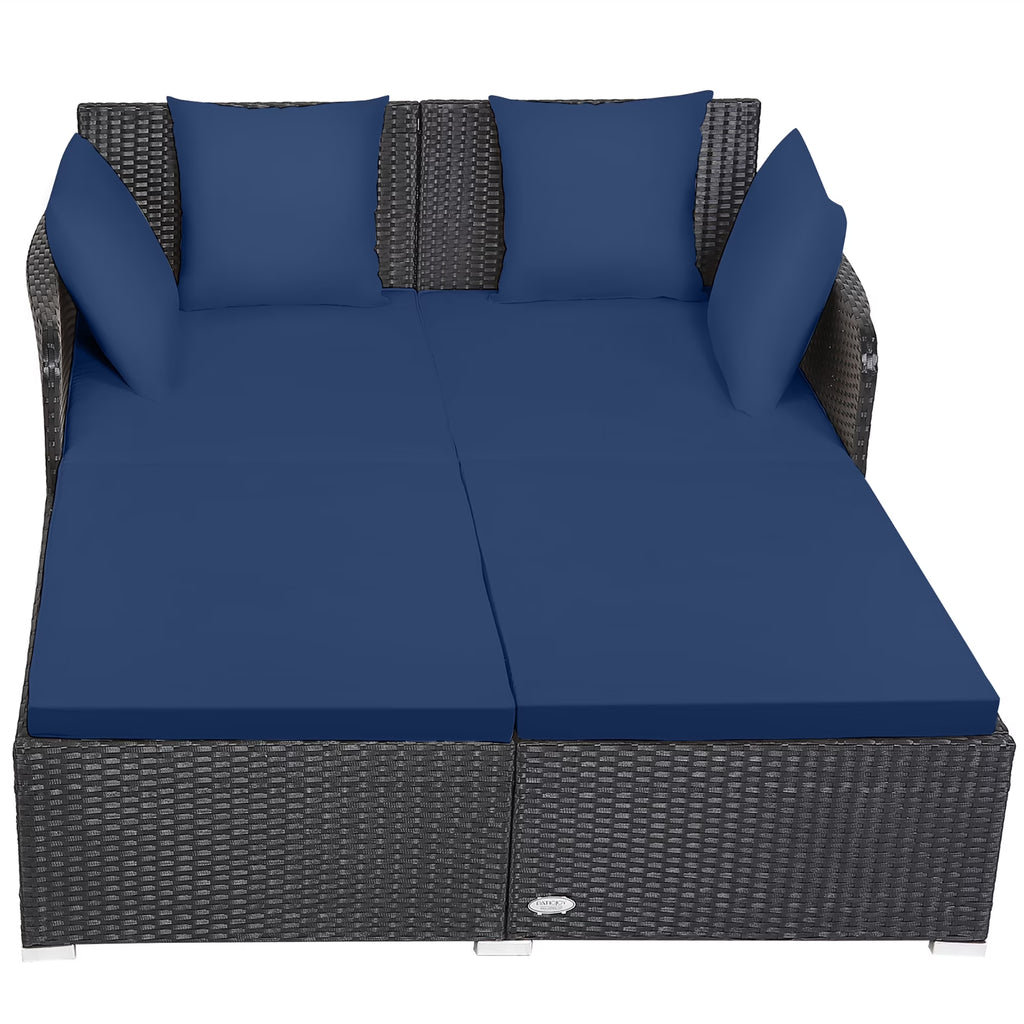 Outdoor Patio Rattan Daybed Pillows Cushioned Sofa Furniture Navy