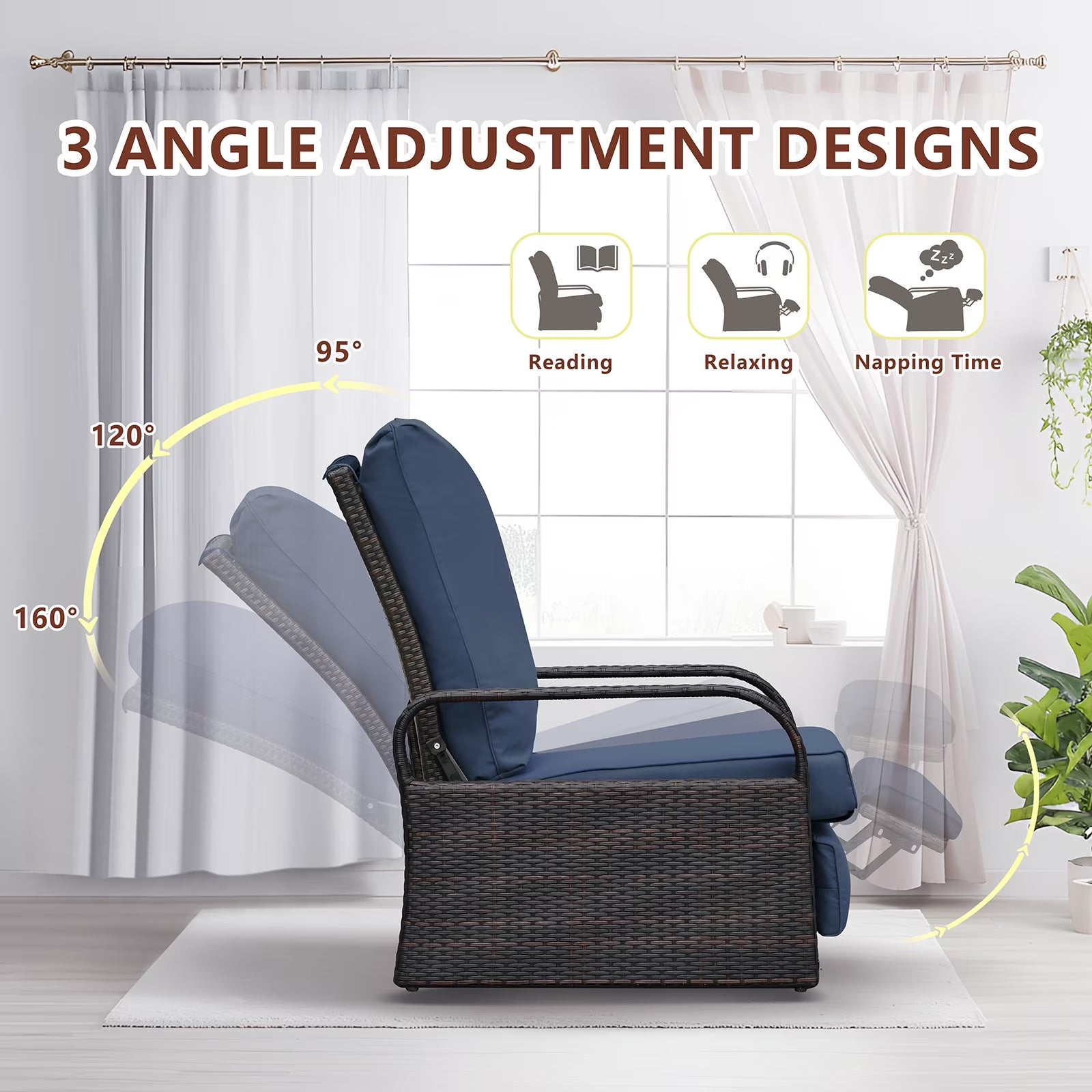 Wicker Outdoor Patio Adjustable Recliner Chair with Navy Blue Cushion