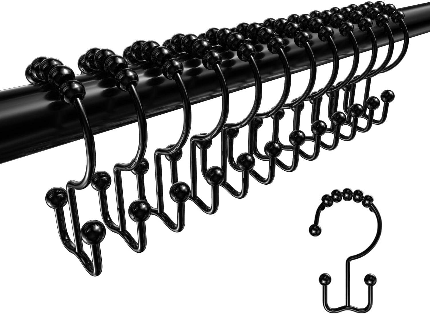 Shower Curtain Hooks Rings, Rustproof Metal Double Glide Shower Hooks for Bathroom Shower Curtain Liner and Rod, 12 Set