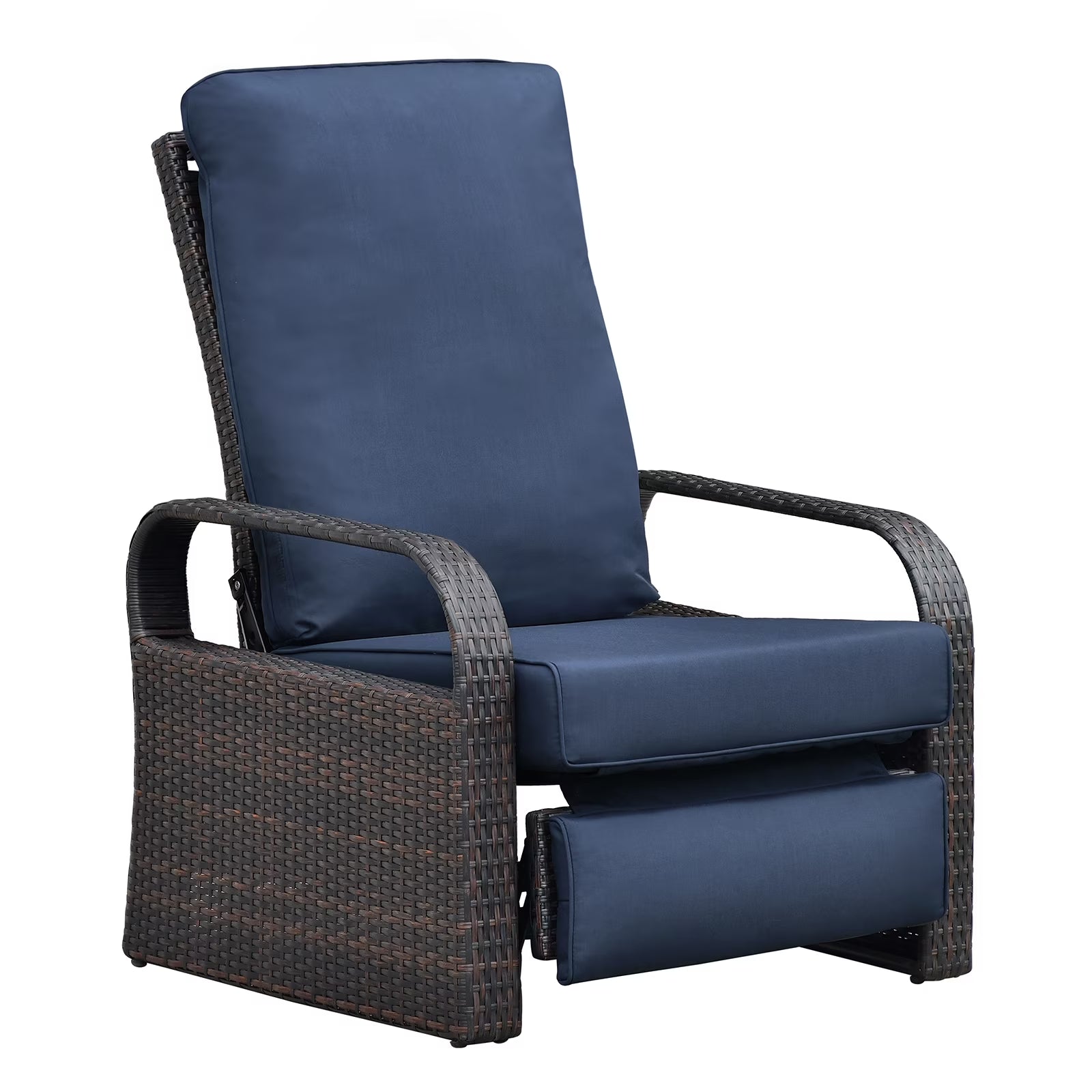 Wicker Outdoor Patio Adjustable Recliner Chair with Navy Blue Cushion