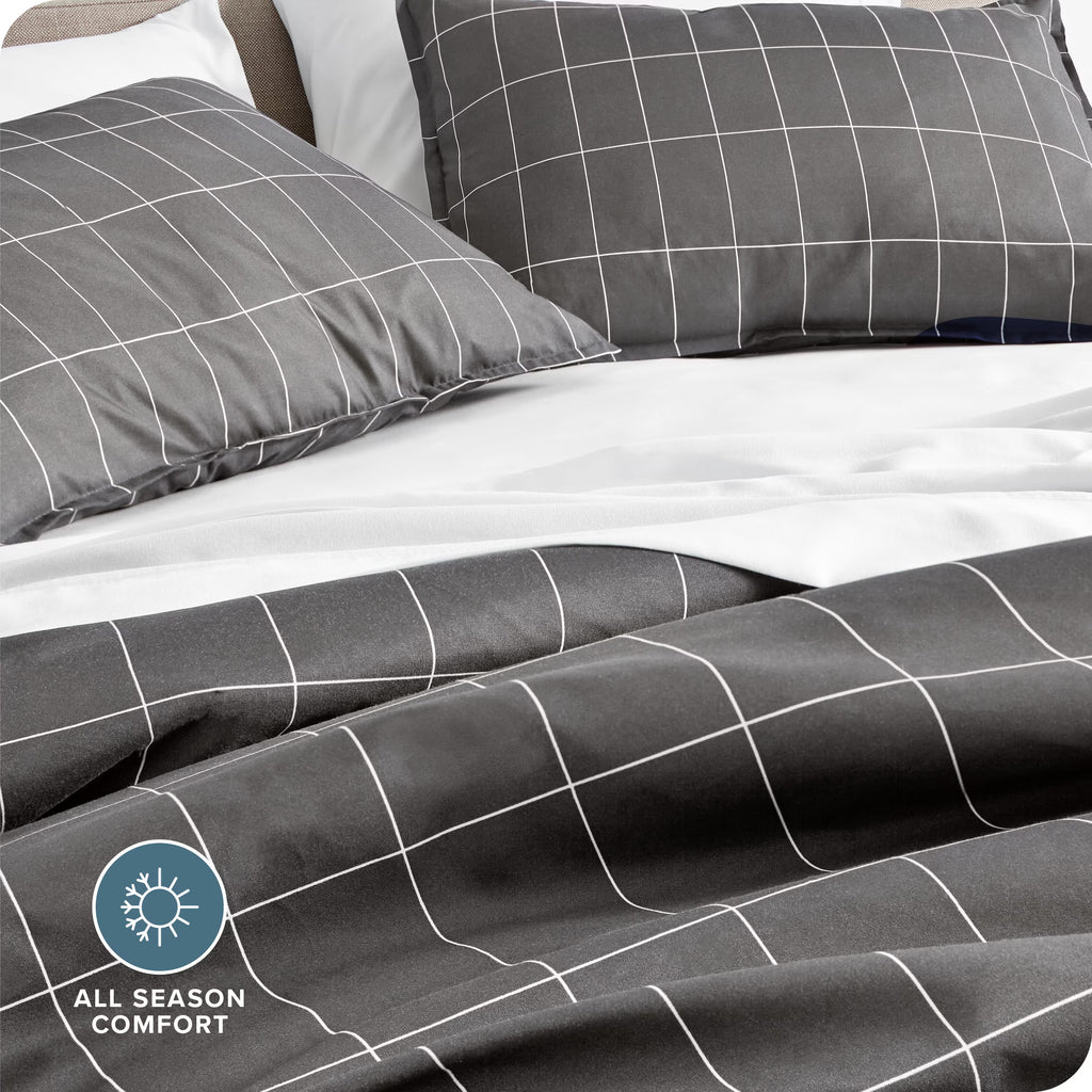 Luxury Duvet Cover and Sham Set - Premium 1800 Collection - Ultra-Soft - Oversized Queen, Grid - Gray/White, 3-Pieces