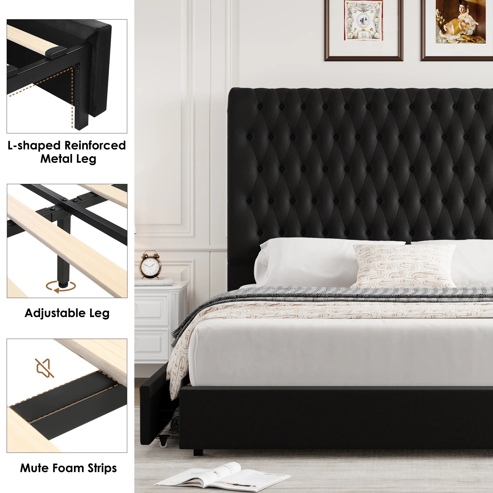 54.7" Tall Headboard Bed Frame, Queen Size Storage Bed with Tall Headboard, Tall Upholstered Bed with Footboard and Drawers, Black
