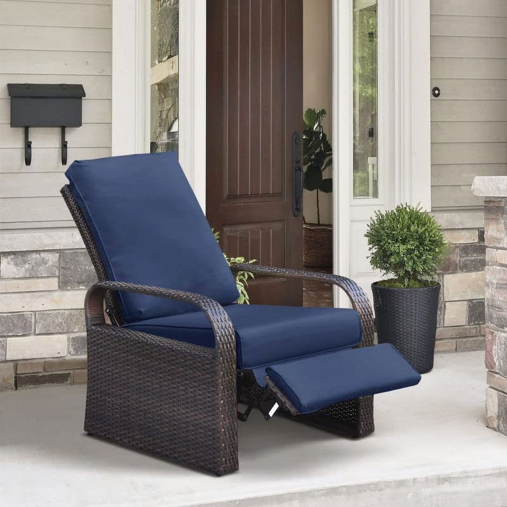 Wicker Outdoor Patio Adjustable Recliner Chair with Navy Blue Cushion