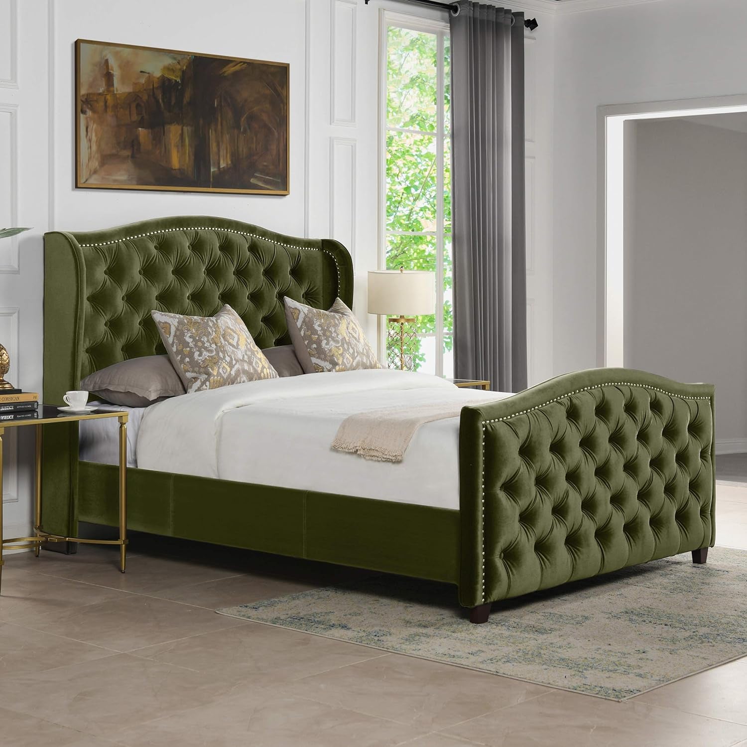 Jennifer Taylor Home Marcella Upholstered Shelter Headboard Bed Set, Queen, Olive Green Performance Velvet