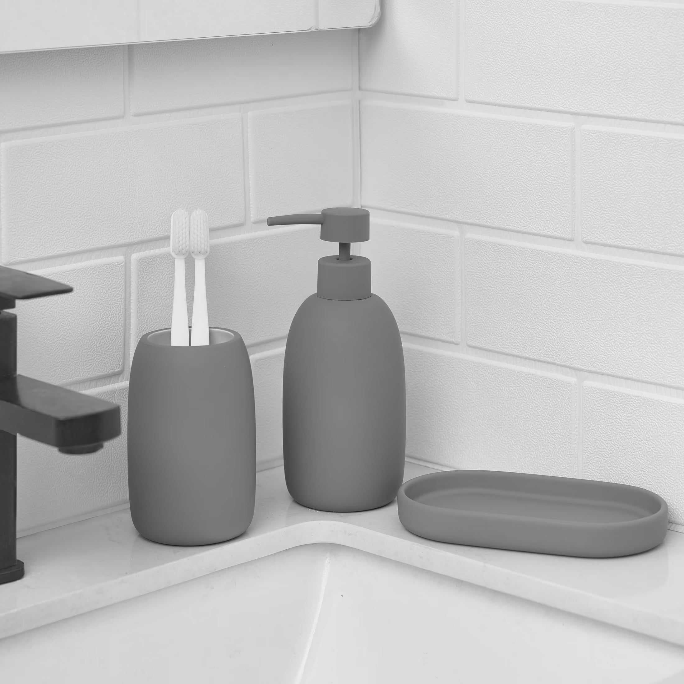 Ceramic Stoneware Bath Accessories 3-Piece Set, Grey – Soap Pump Dispenser, Tumbler, and Accessory Tray