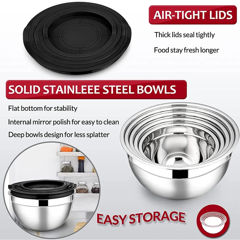 Mixing Bowls with Lids Set of 5,  Stainless Steel Mixing Bowls Metal Nesting Salad Bowls, Size 4.5, 3, 1.5, 1, 0.7 QT Great for Cooking, Baking, Serving - Black