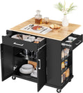 Rolling Kitchen Island Cart with Drop Leaf, Portable Rubberwood Breakfast Bar with Storage Cabinet, Open Shelves & Detachable Towel, 2 Drawers, Black
