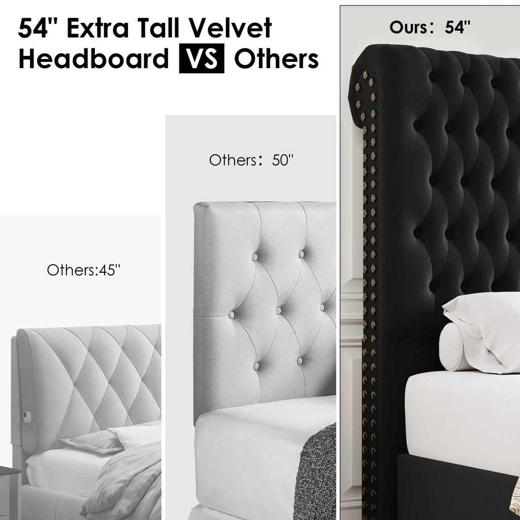 54.7" Tall Headboard Bed Frame, Queen Size Storage Bed with Tall Headboard, Tall Upholstered Bed with Footboard and Drawers, Black