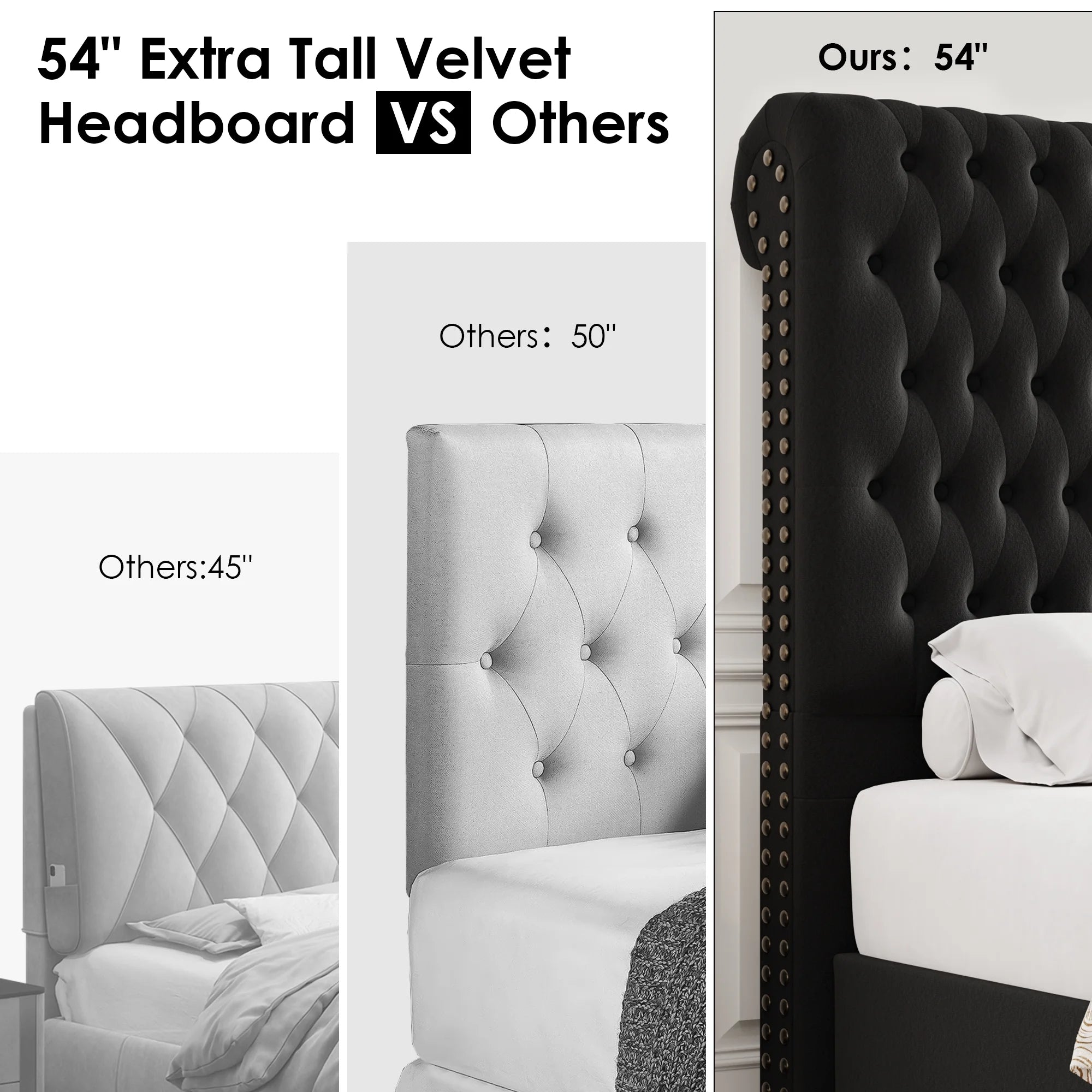 54.7" Tall Headboard Bed Frame, Queen Size Storage Bed with Tall Headboard, Tall Upholstered Bed with Footboard and Drawers, Black