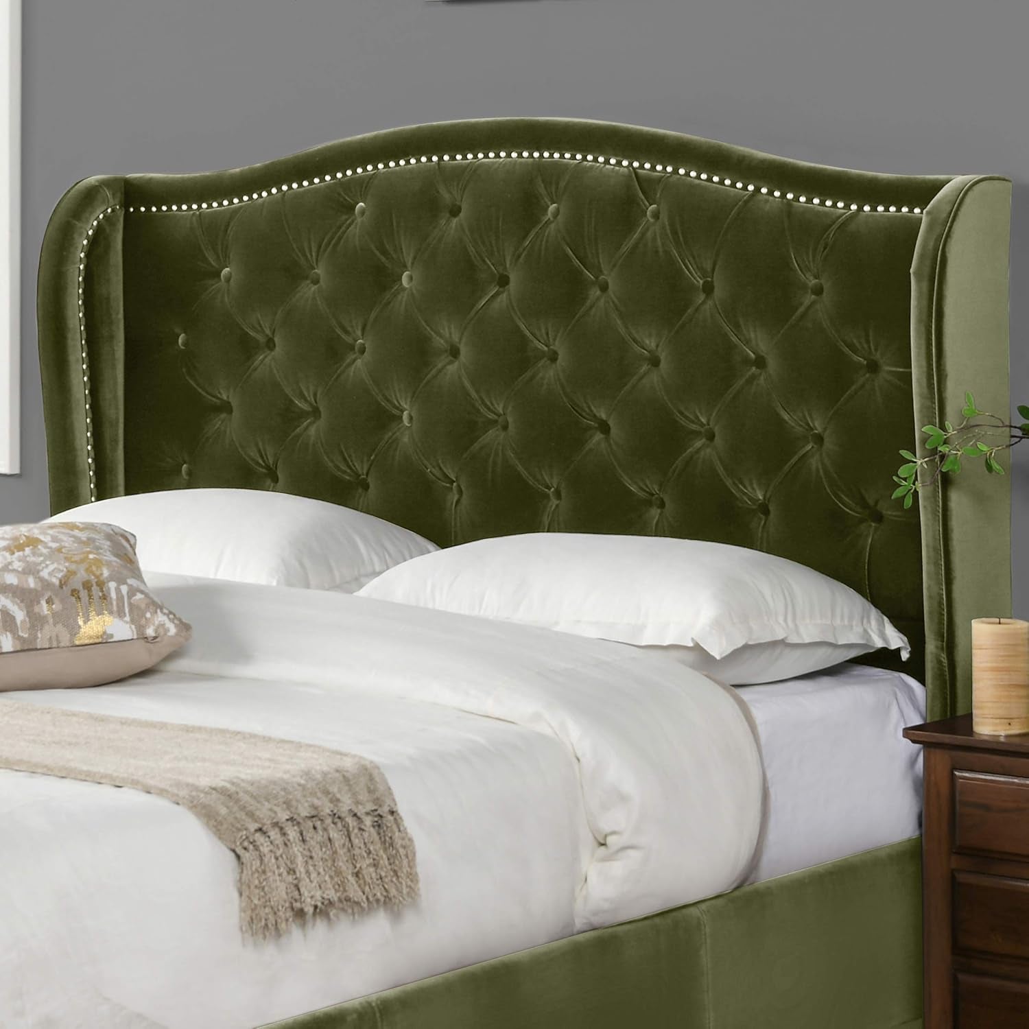 Jennifer Taylor Home Marcella Upholstered Shelter Headboard Bed Set, Queen, Olive Green Performance Velvet