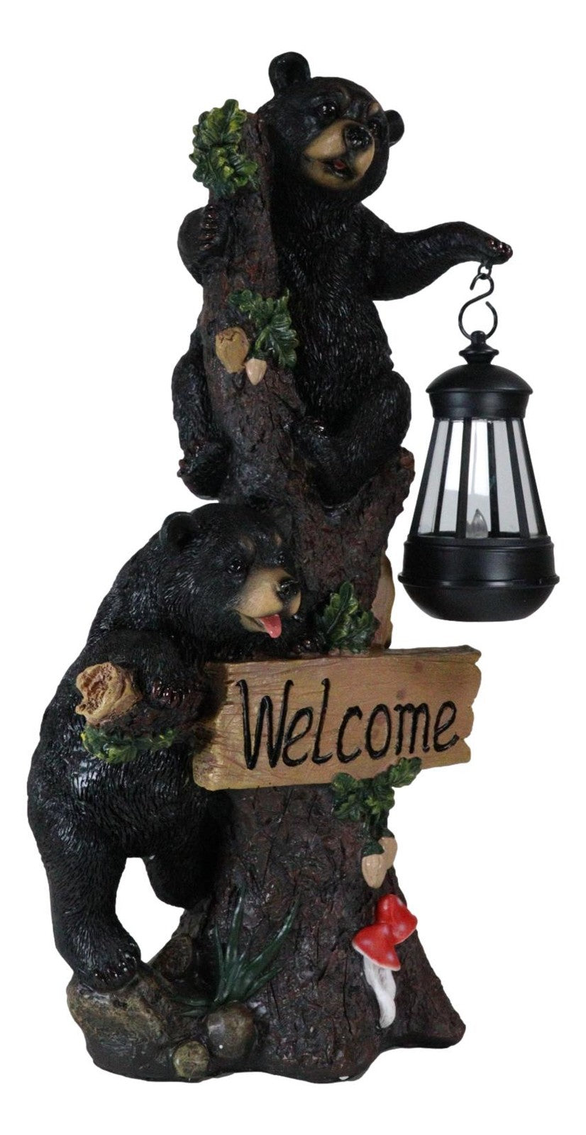 Climbing Black Bear Cubs Garden Light Welcome Statue Figurine Solar LED Lantern