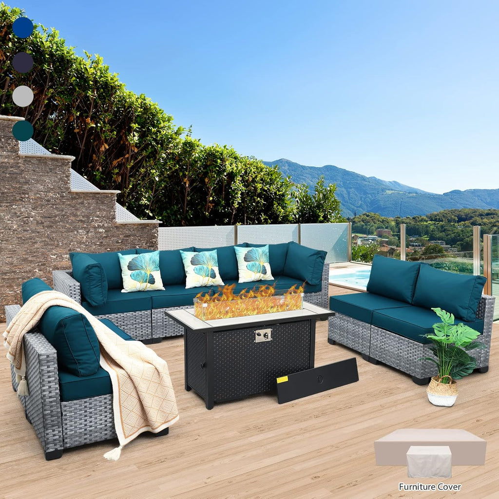 Outdoor Sectional Patio Furniture 45 in Fire Pit 9-Piece Patio Sectional Outdoor Furniture 60000 BTU Steel Propane Fire Pit Table Glass Wind Guard No-Slip 5" Cushions Waterproof Covers, Peacock Blue