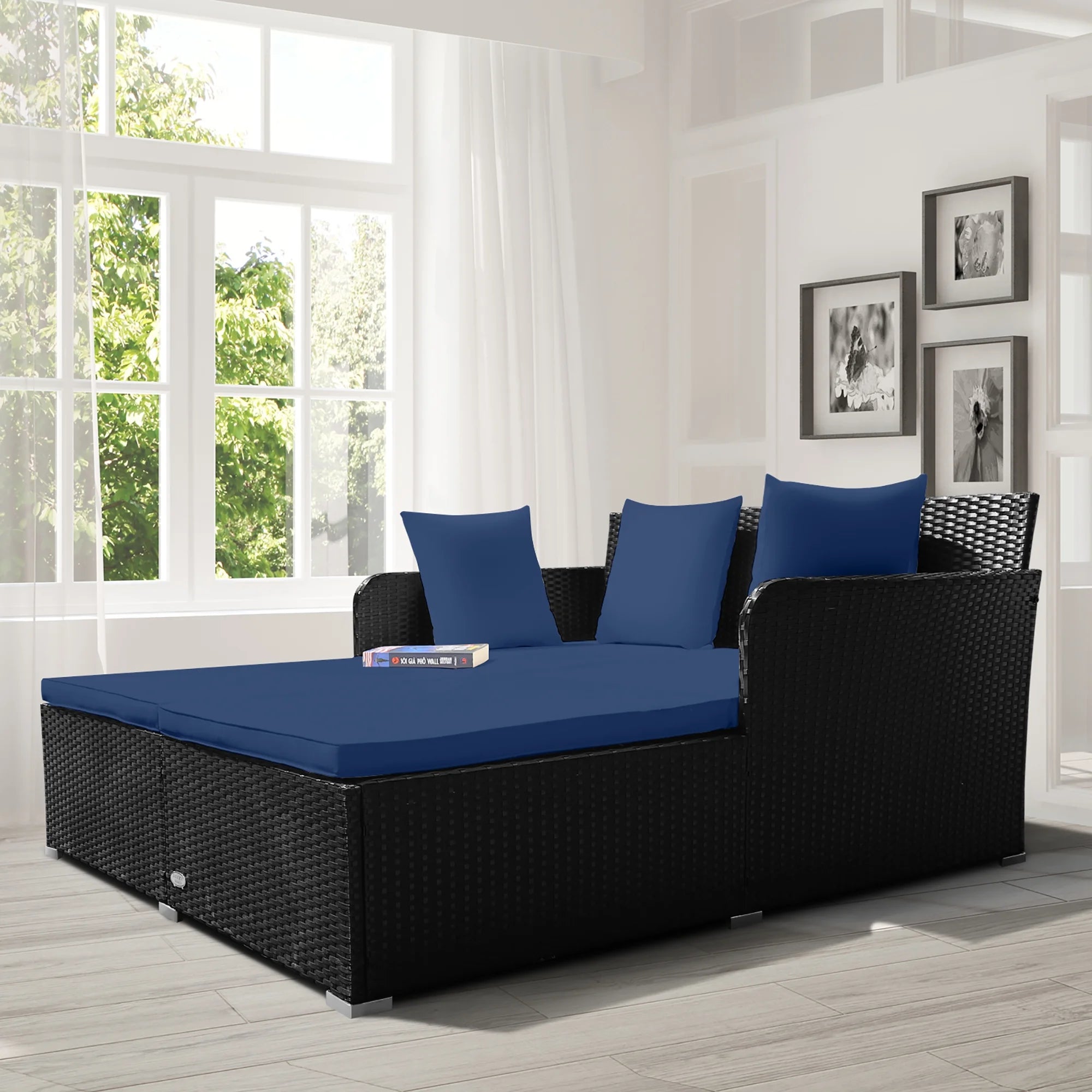 Outdoor Patio Rattan Daybed Pillows Cushioned Sofa Furniture Navy
