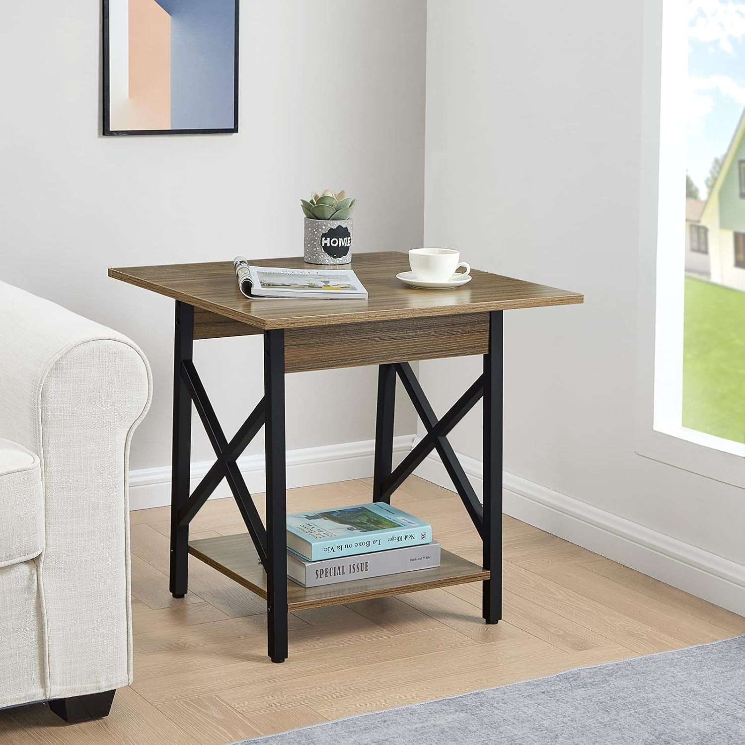End Table Large 24 Inch Farmhouse Industrial Design Side Table Nightstand with Storage Shelf for Living Room, Easy Assembly, Espresso