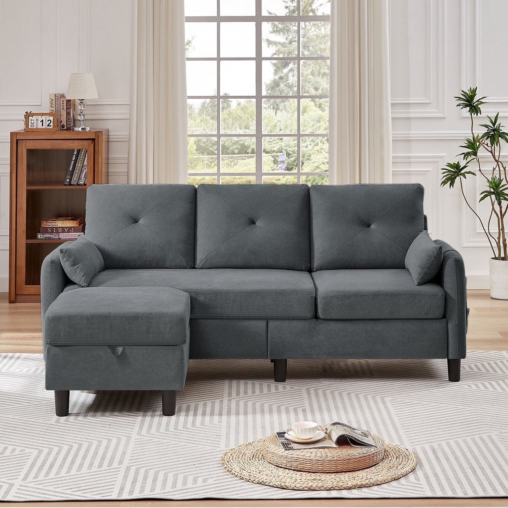 Convertible Sectional Sofa L Shaped Sofa Modern Fabric 3 Seat Couch with Reversible Storage Ottoman and Side Storage Pocket for Living Room Office Apartment Studio
