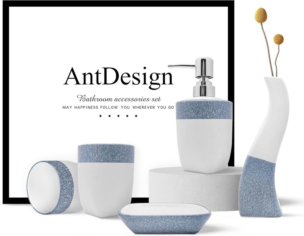 Ceramic Bathroom Accessory Set 5 Pcs, Including Hand Pump Soap Dispenser, Soap Dish, Toothbrush Holder and Vase,For Modern Bathroom Décor