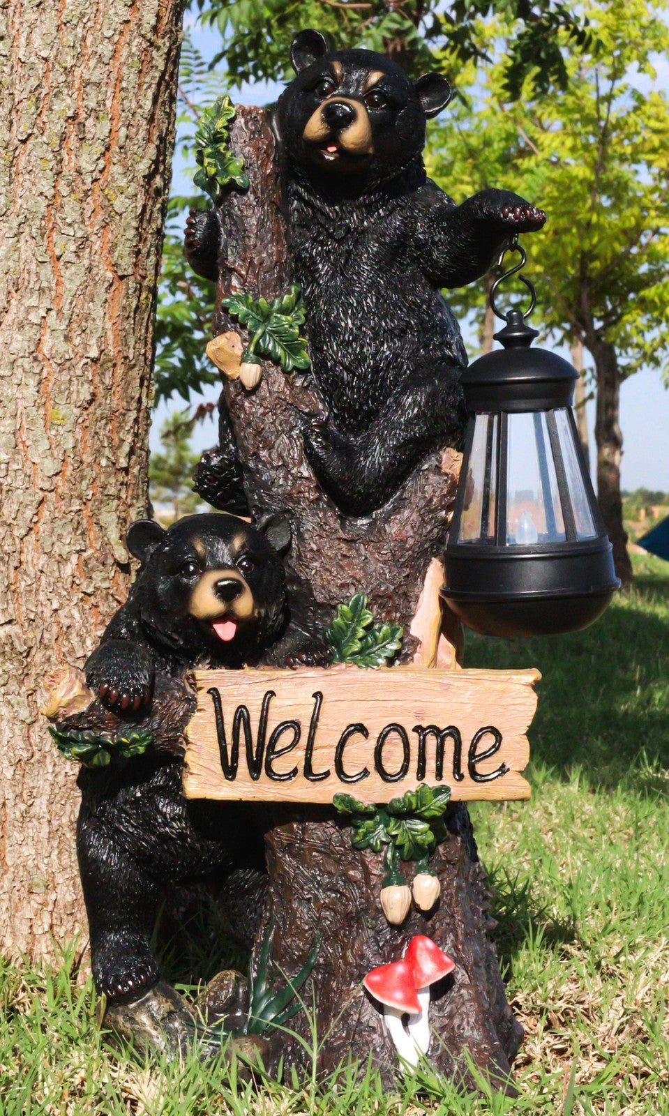 Climbing Black Bear Cubs Garden Light Welcome Statue Figurine Solar LED Lantern