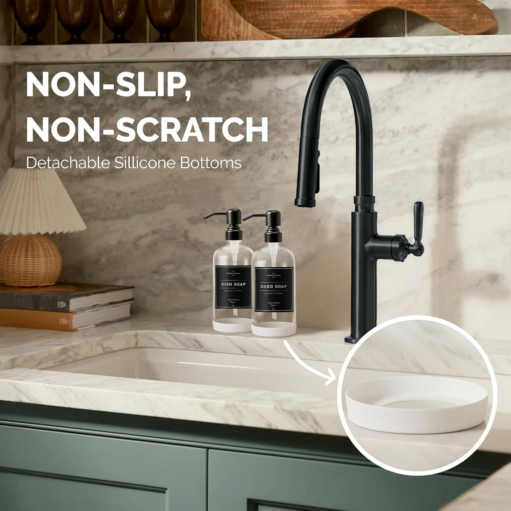 Clear Glass Soap Dispenser, 2 Pack Kitchen Soap Dispenser Set with Stainless Steel Pump, 16 Oz Dish Soap and Hand Soap Dispensers for Bathroom with Waterproof Labels