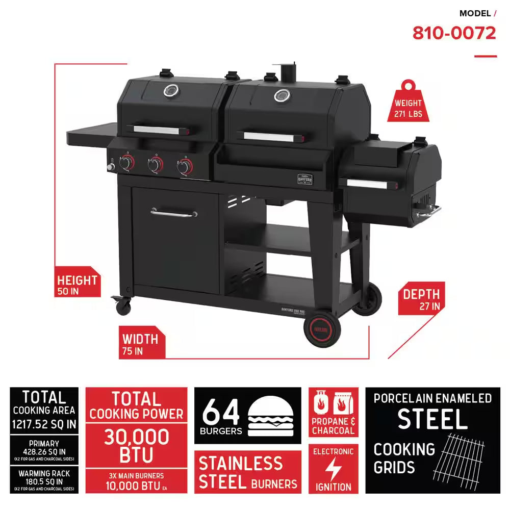 Oakford 1150 Pro 3-Burner Propane Gas and Offset Charcoal Smoker Combo Grill in Black