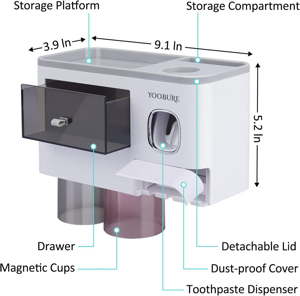 Toothbrush Holders Wall Mounted,  Automatic Toothpaste Dispenser Set for Bathrooms, Multifunctional Bathroom Organizer Holder with Cosmetic Drawer, 2 Magnetic Cups and 6 Toothbrush Slots