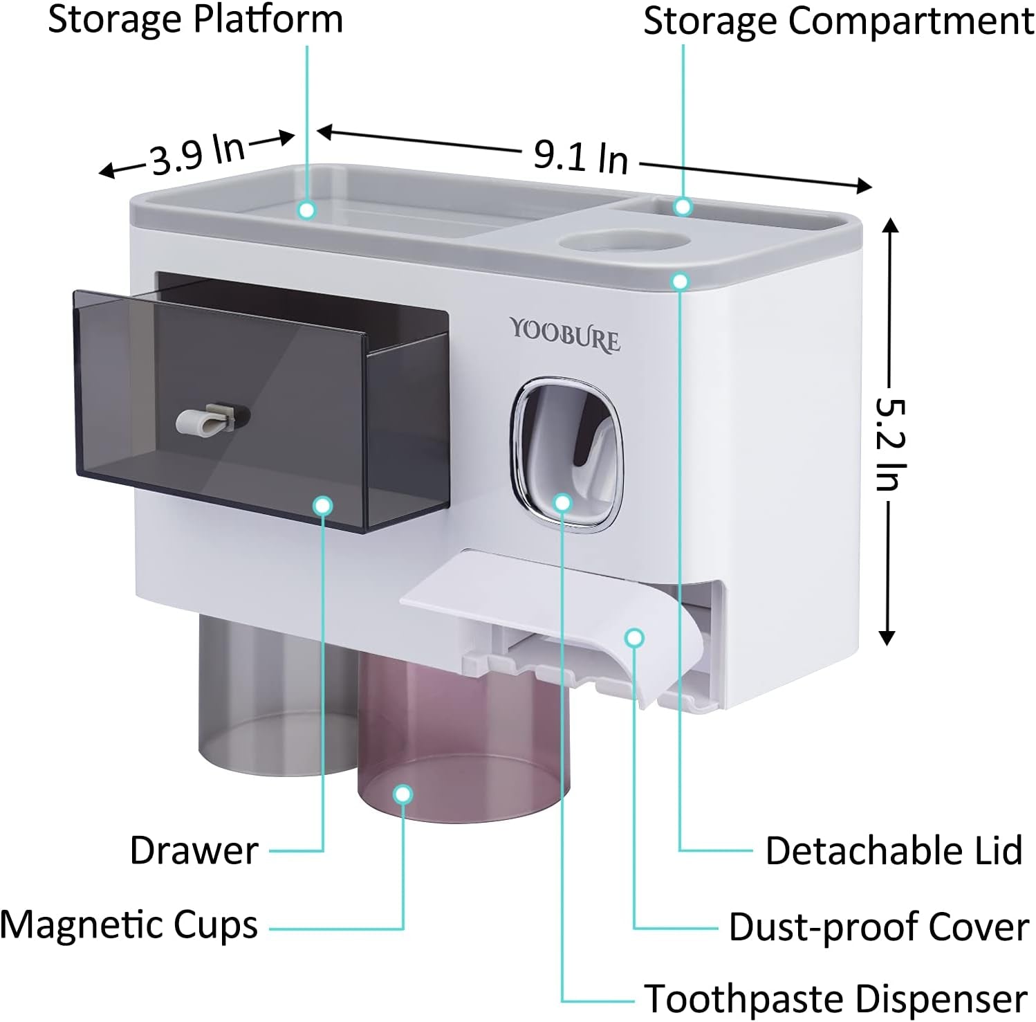 Toothbrush Holders Wall Mounted,  Automatic Toothpaste Dispenser Set for Bathrooms, Multifunctional Bathroom Organizer Holder with Cosmetic Drawer, 2 Magnetic Cups and 6 Toothbrush Slots