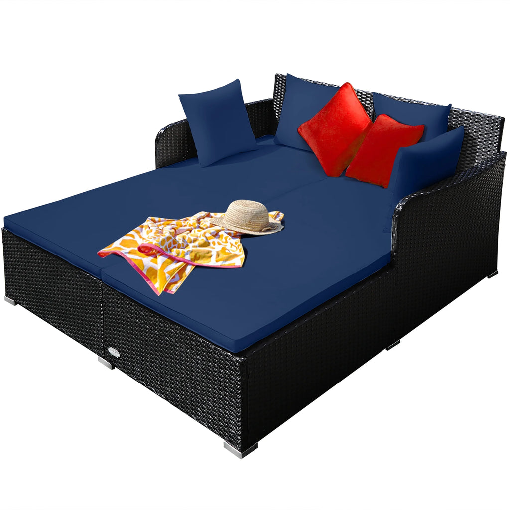 Outdoor Patio Rattan Daybed Pillows Cushioned Sofa Furniture Navy
