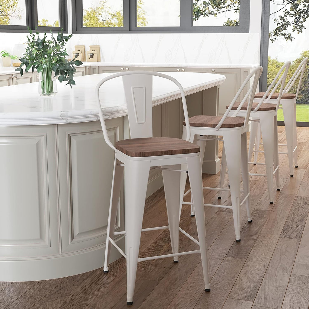 Metal Bar Stools Set of 4,24 Inch Barstools Counter Height Bar Stool with Back Farmhouse Bar Stools with Larger Seat High Back Kitchen Dining Chairs Modern Bar Chairs White Cream Stool