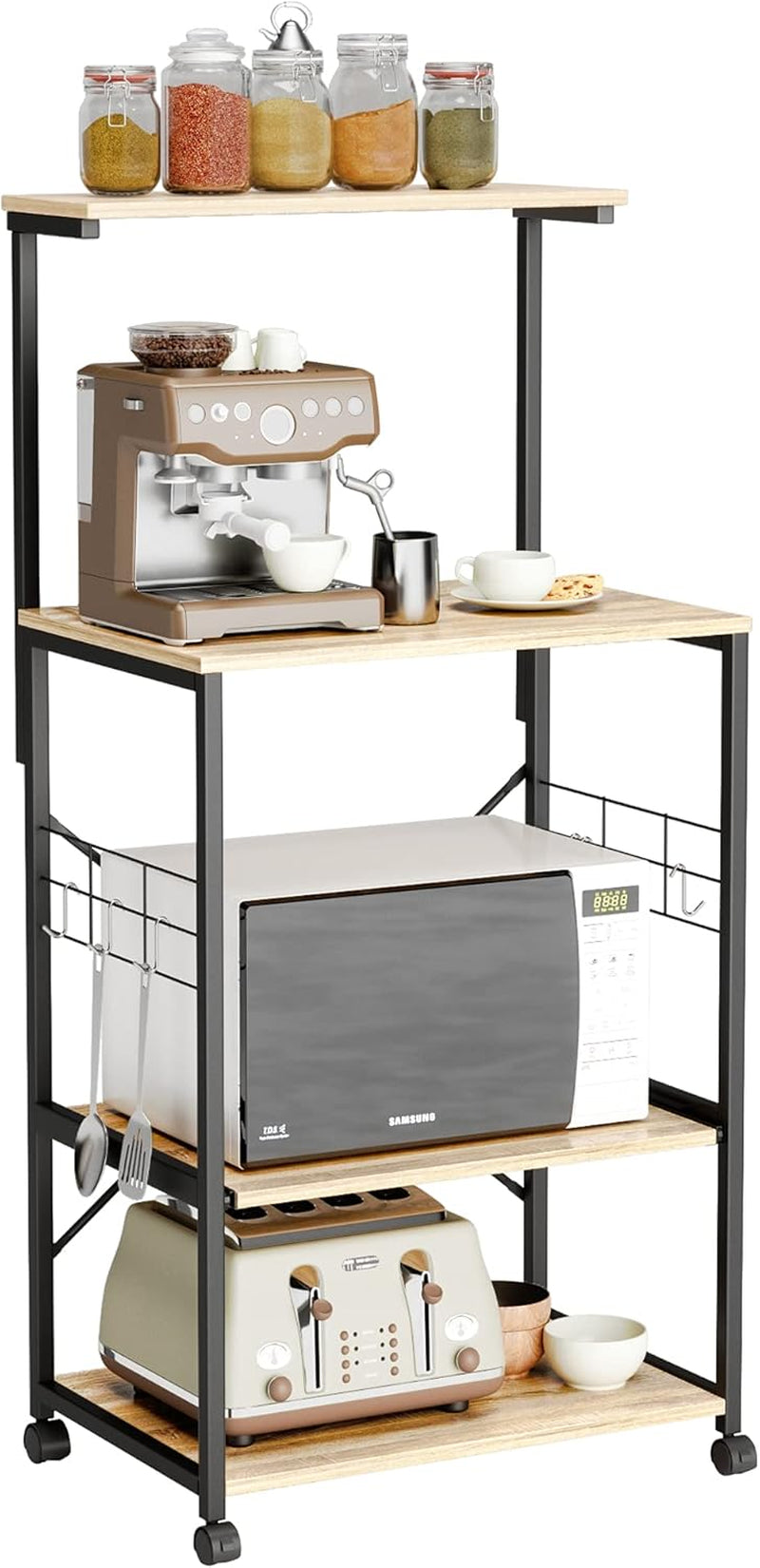 Kitchen Baker'S Rack Utility Storage Shelf Microwave Stand Cart on Wheels with Side Hooks, Kitchen Organizer Rack 4 Tier Shelves Adjustable Feet P2 Wood Oak