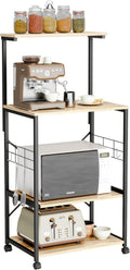 Kitchen Baker'S Rack Utility Storage Shelf Microwave Stand Cart on Wheels with Side Hooks, Kitchen Organizer Rack 4 Tier Shelves Adjustable Feet P2 Wood Oak