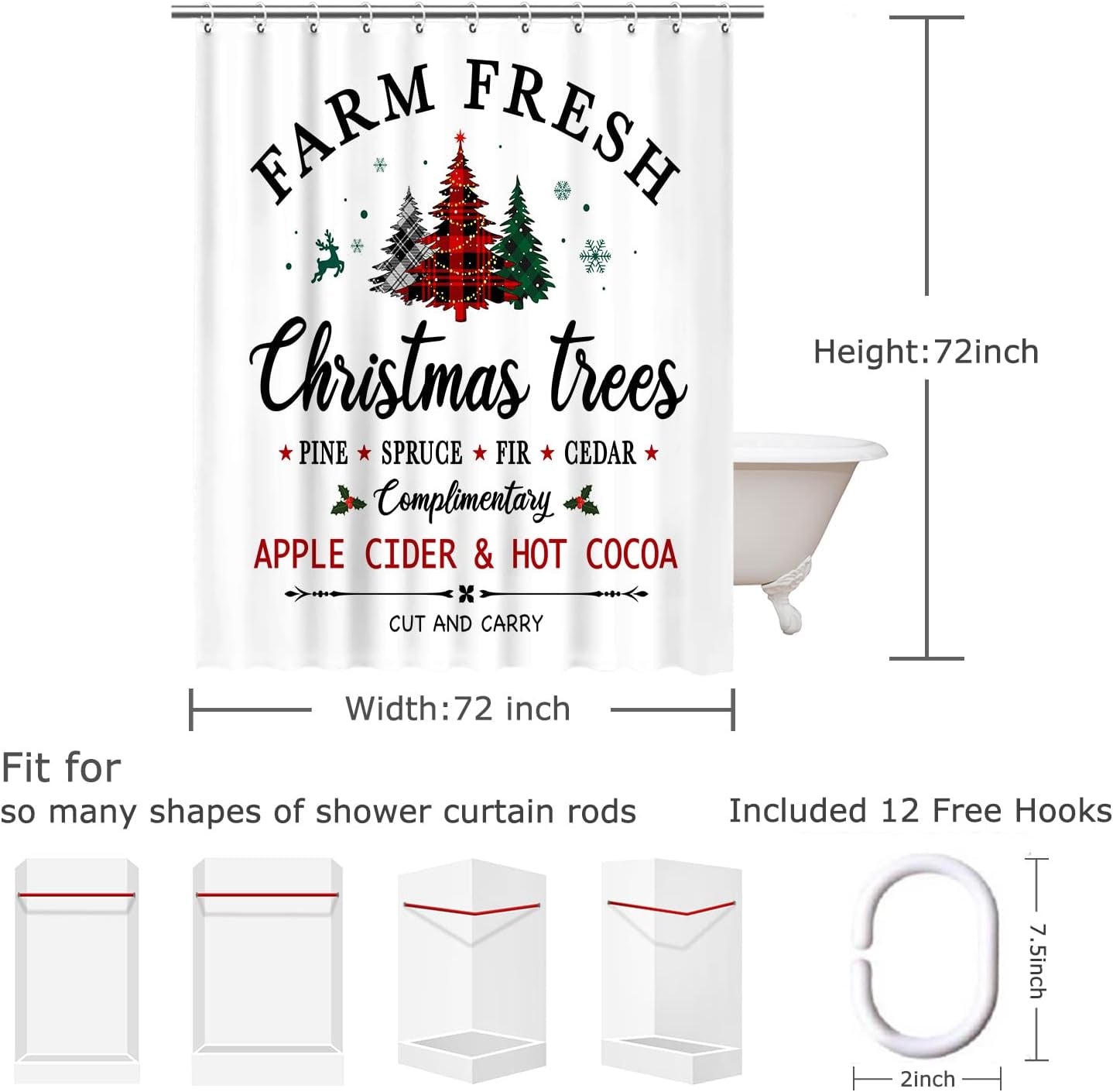 Christmas Shower Curtain, Xmas Shower Curtains, Pine Tree Shower Curtain Set, Waterproof Christmas Bathroom Decor, Merry Shower Curtain, Farm Christmas Tree, 72''W X 72''H