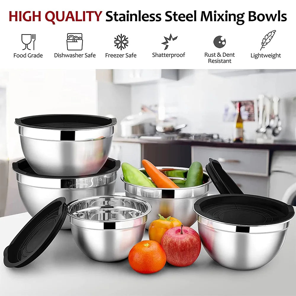 Mixing Bowls with Lids Set of 5,  Stainless Steel Mixing Bowls Metal Nesting Salad Bowls, Size 4.5, 3, 1.5, 1, 0.7 QT Great for Cooking, Baking, Serving - Black