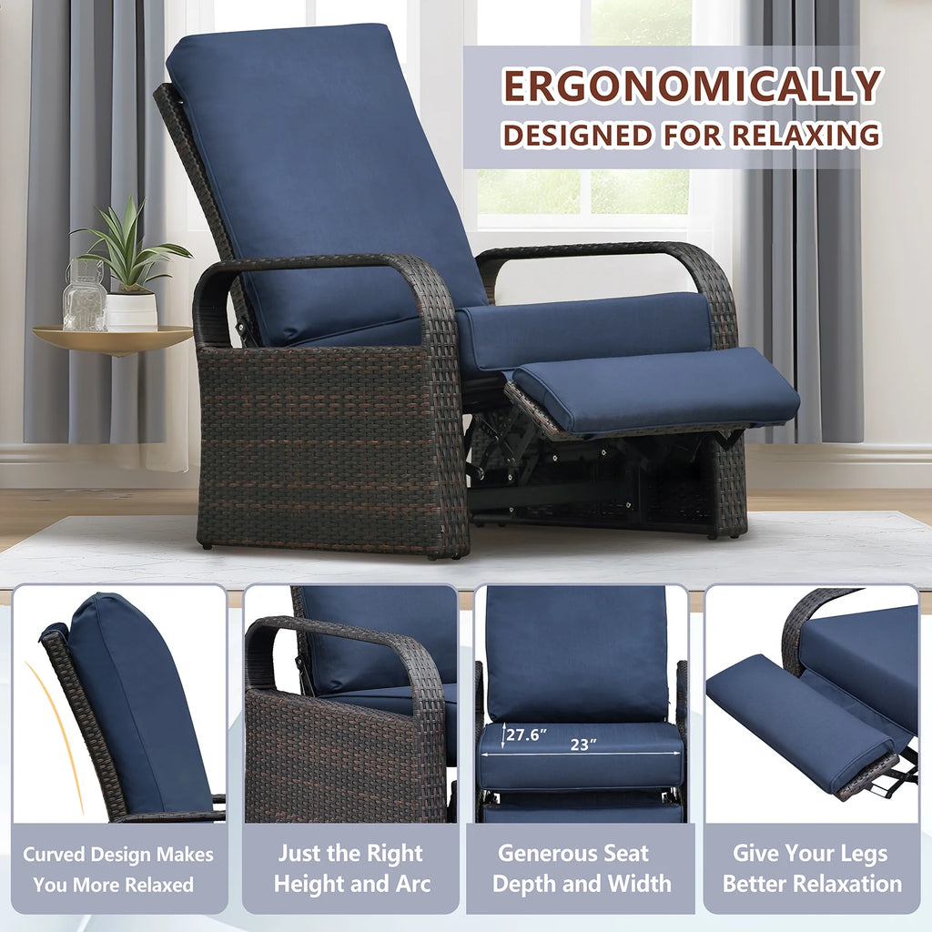 Wicker Outdoor Patio Adjustable Recliner Chair with Navy Blue Cushion