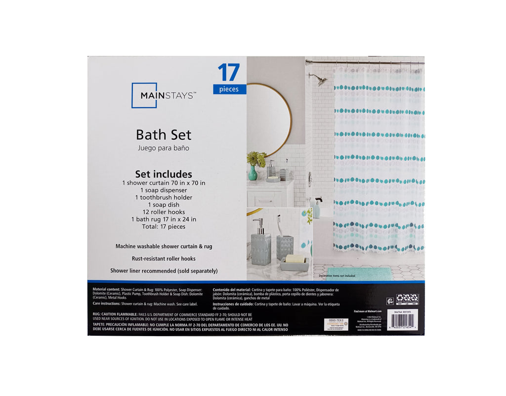 17-Piece Polka Dot Polyester/Ceramic Shower Curtain & Bathroom Accessory Set, Multi-Color