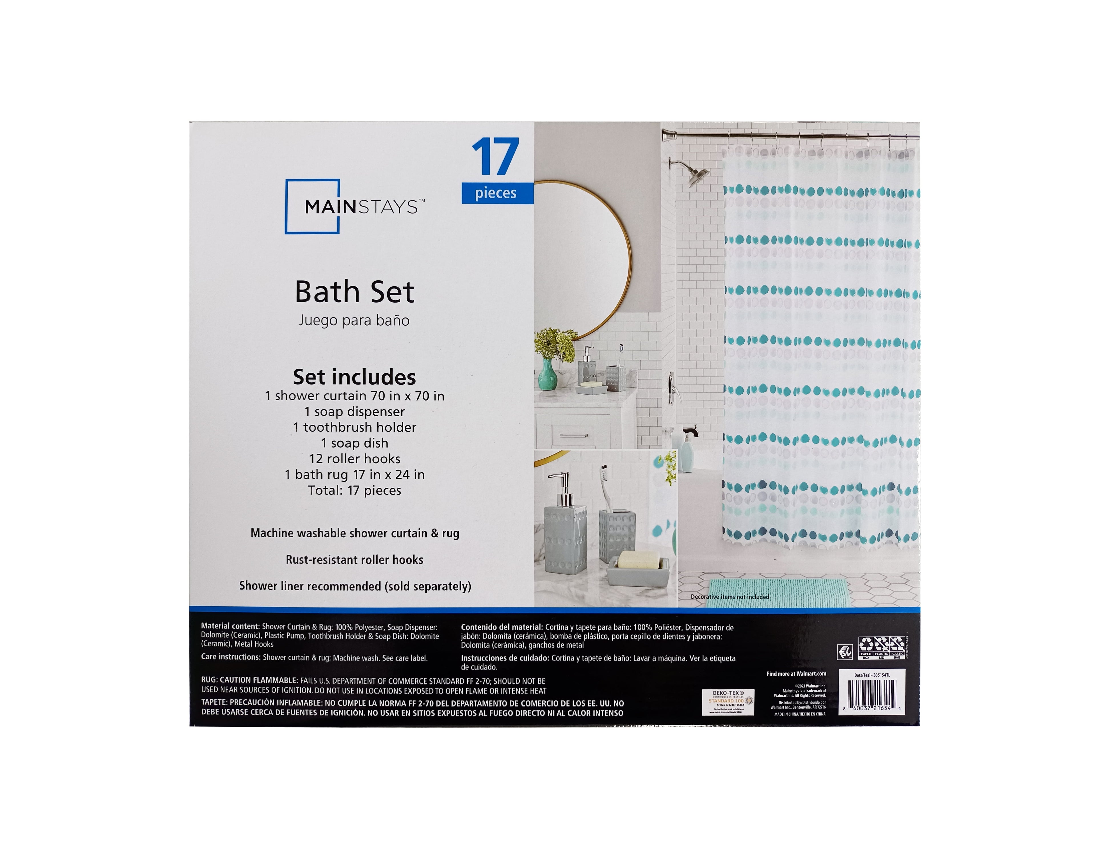 17-Piece Polka Dot Polyester/Ceramic Shower Curtain & Bathroom Accessory Set, Multi-Color