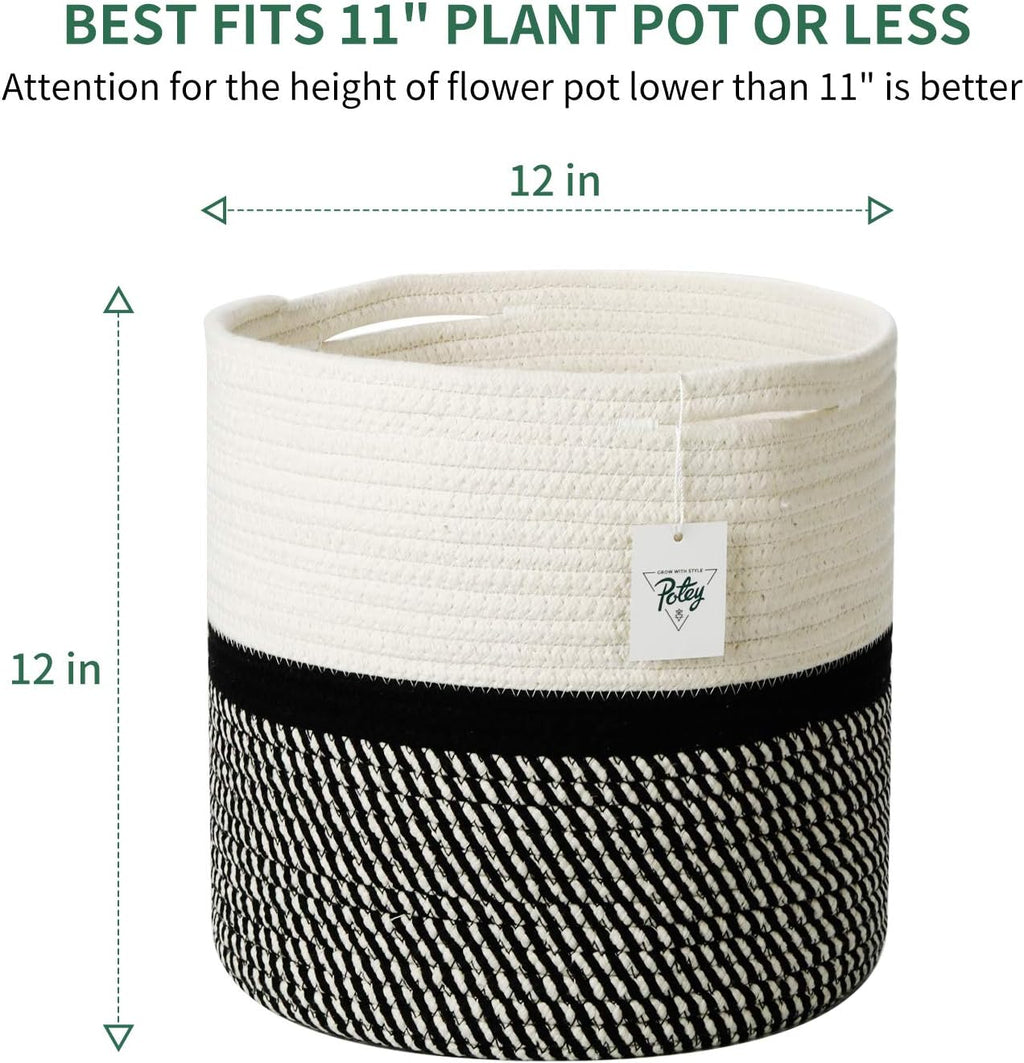 12"X12" Storage Basket Bin Organizer, Sturdy Indoor Floor Planter with Handle, Woven Baskets for up to 11" Flower Pot Plant, Flower, White Black Stripes