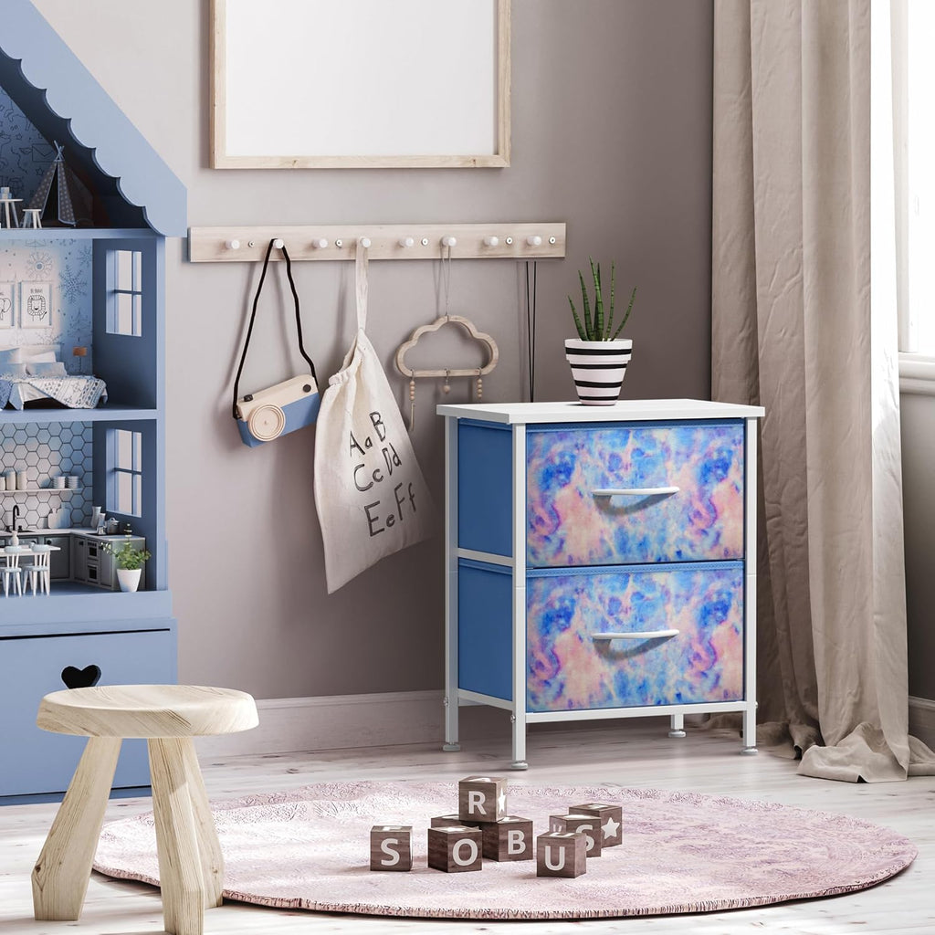 Nightstand with 2 Drawers - Kids Bedside Furniture End Table Night Stand - Steel Frame, Wood Top & Easy Pull Fabric Bins - Dresser & Chest for Home, Bedroom Accessories, Office & College Dorm