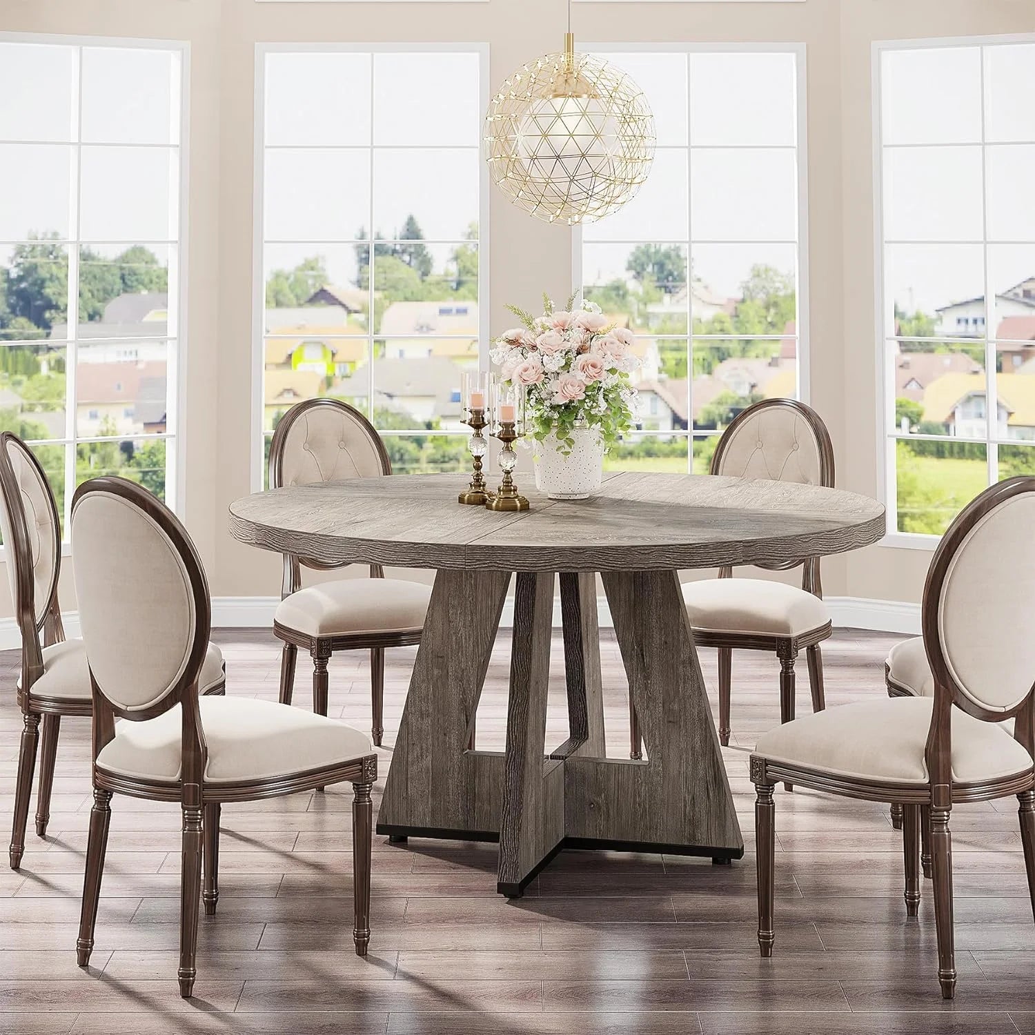 Tribesigns round Dining Table for 4, Grey Kitchen Table 47 Inch Farmhouse Wood Kitchen Dinning Table for Kitchen Living Room
