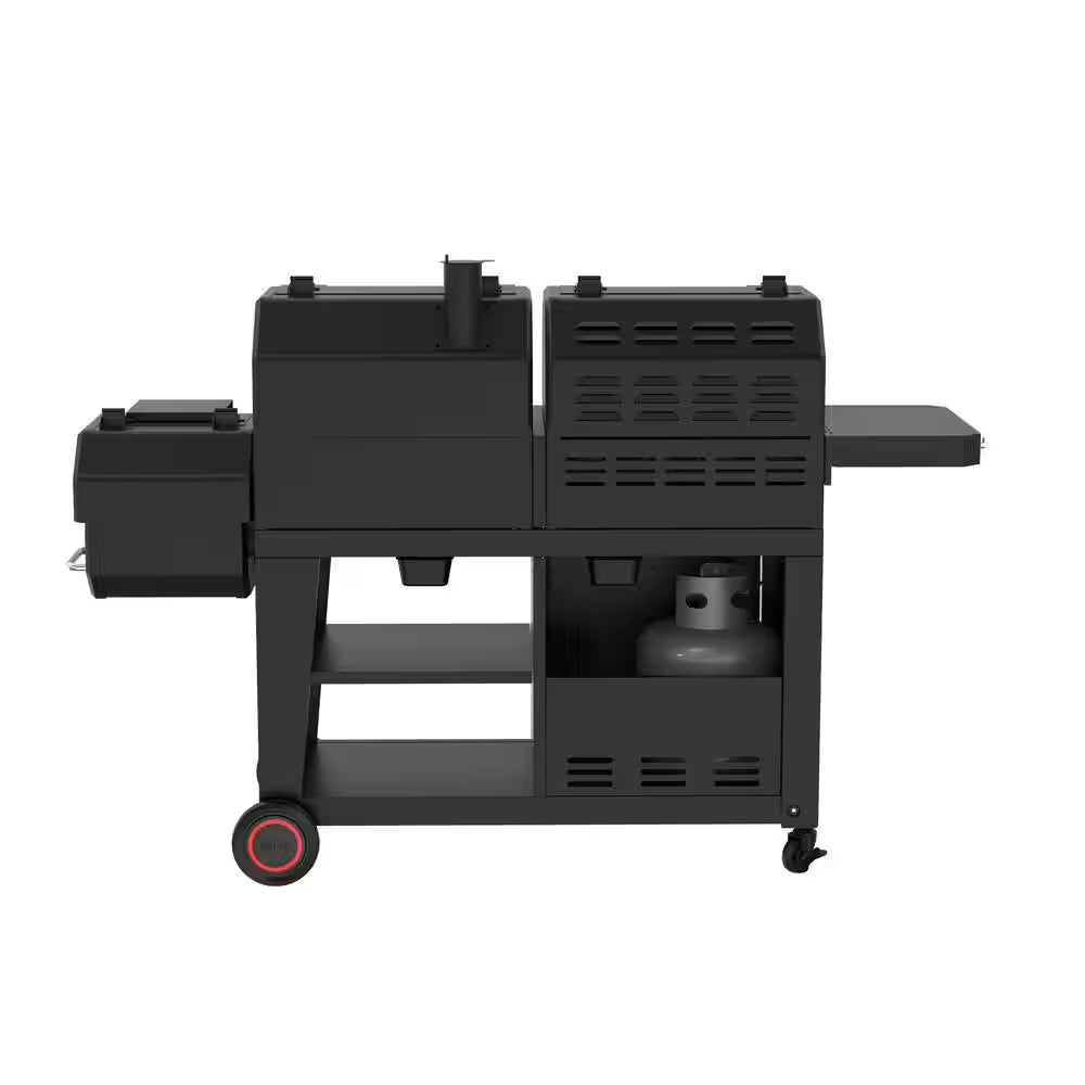 Oakford 1150 Pro 3-Burner Propane Gas and Offset Charcoal Smoker Combo Grill in Black